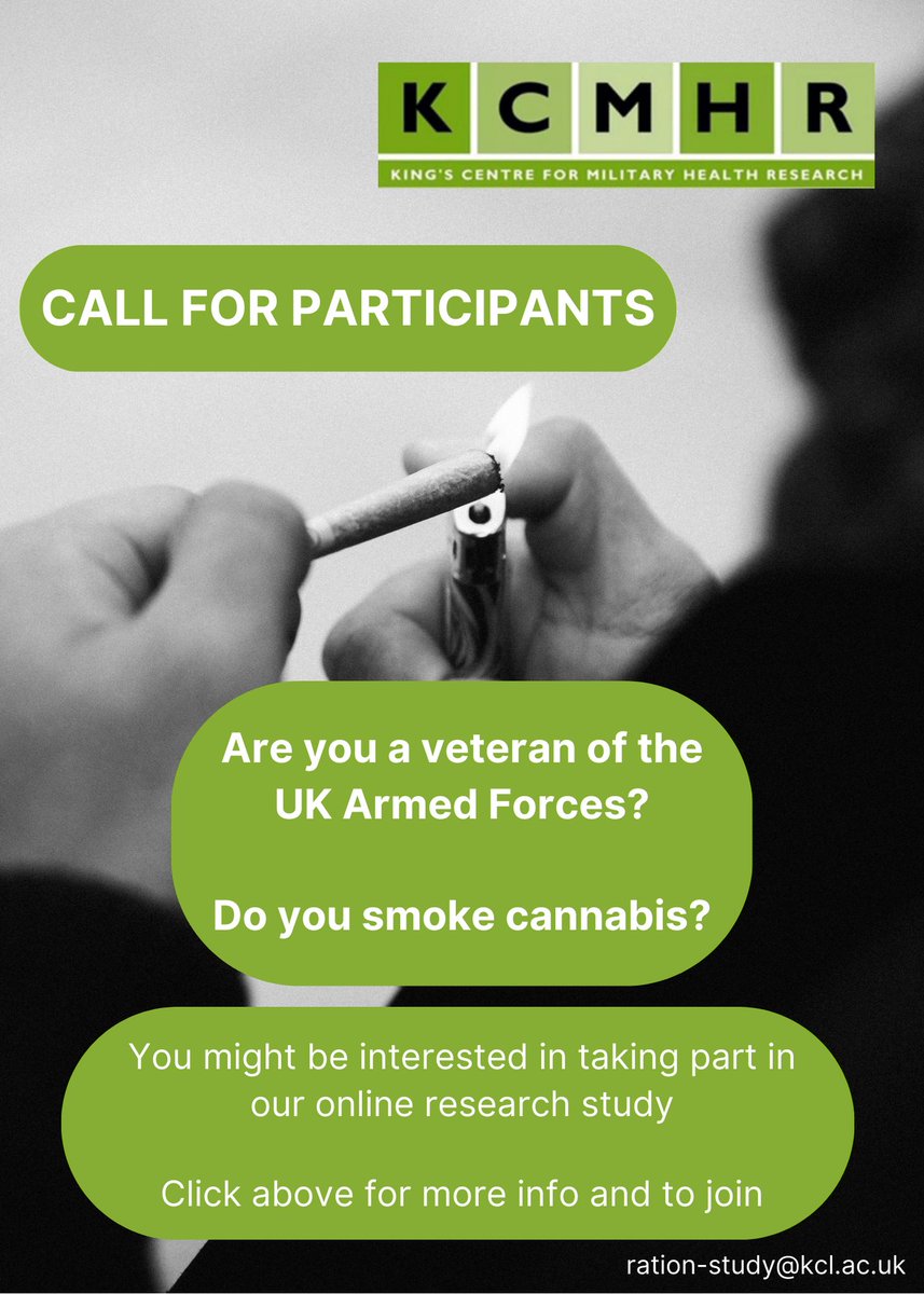 📢 Researchers at KCMHR are looking for #Veterans of the UK Armed Forces who smoke #cannabis and have #PTSD to participate in a new online research study exploring their relationship.

Interested? Complete our eligibility survey to find out more➡️tinyurl.com/2axrdm2j