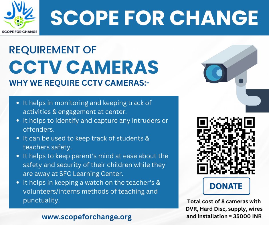 ScopeChange's tweet photo. 𝐂𝐂𝐓𝐕 𝐂𝐚𝐦𝐞𝐫𝐚𝐬:

To ensure a #safe and conducive #learning #environment, the implementation of CCTV #cameras will help #monitor and #safeguard the well-being of #students and #staff. 

https://t.co/o6xkeNfbXv

#scopeforchange #change #help #donate #donatenow https://t.co/m5OAGDa6aR