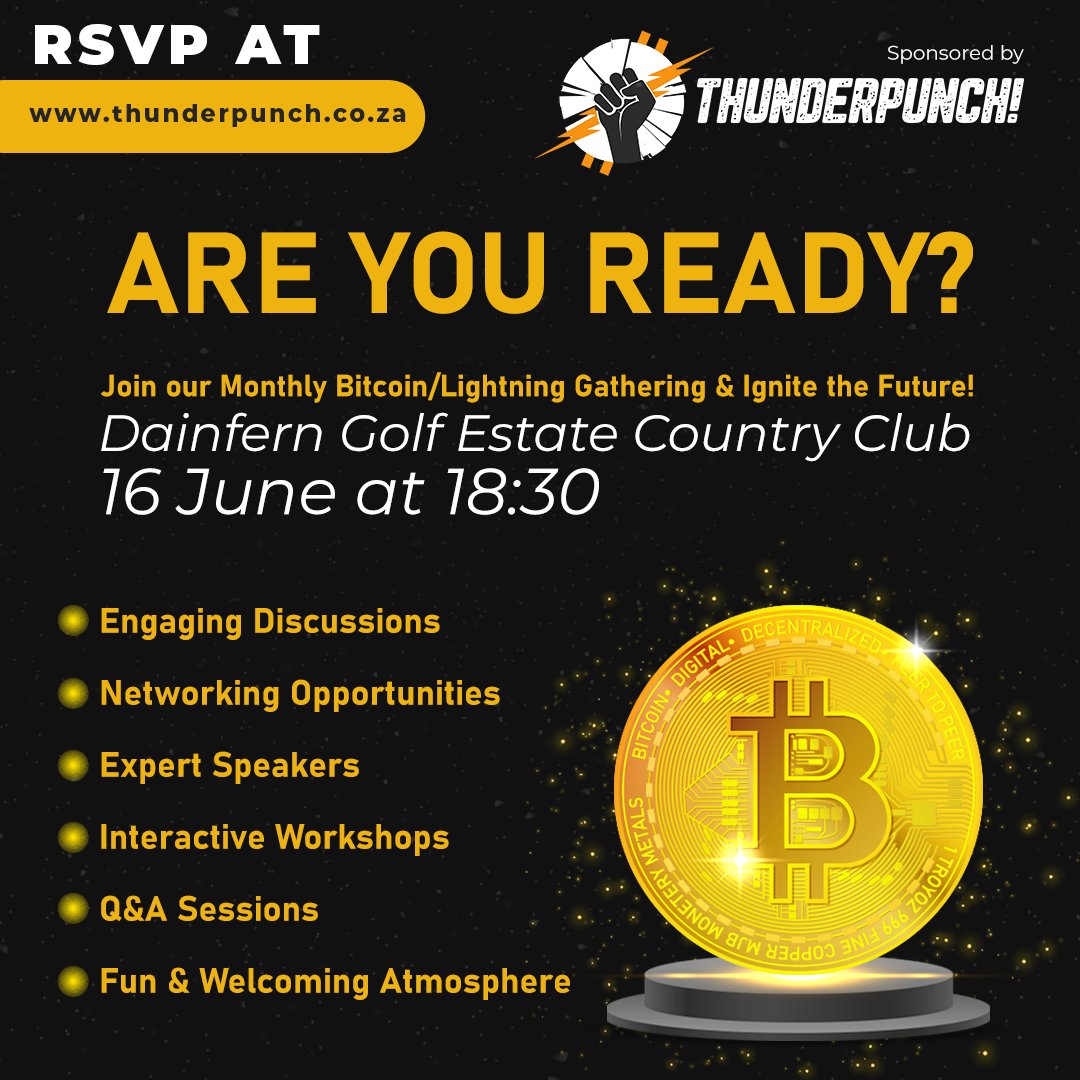 ThunderpunchSA's tweet photo. Are you ready, #JHBBitcoin enthusiasts? ⚡🚀

Join us on June 16th for an evening of thought-provoking discussions, networking, workshops, and Q&amp;A sessions about #Bitcoin &amp; #LightningNetwork. 

RSVP now at ⚡🤛  https://t.co/EnIeigngUD 🤜⚡

#Thunderpunch
#LightningTalksJHB https://t.co/MOF5hNWmkK