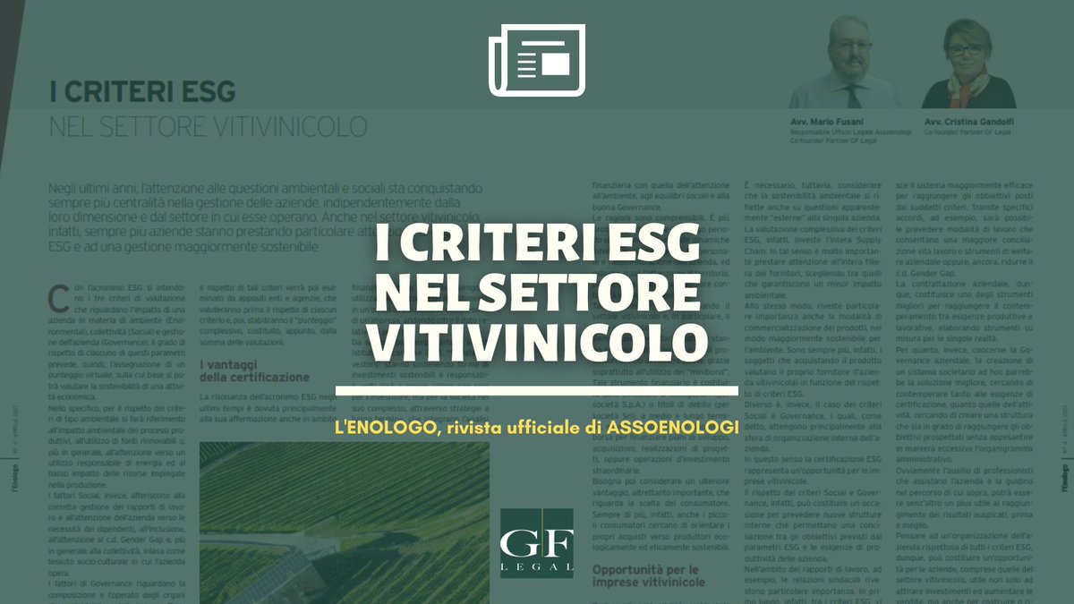 GFlegal_'s tweet photo. I criteri #ESG nel settore #vitivinicolo
Ne parliamo ne L’Enologo, la rivista ufficiale di #Assoenologi

Articolo: https://t.co/6Xj2BGZek7 

#CristinaGandolfi e #MarioFusani 
#Enologo #GFLegal #criteriESG #certificazioneESG #sostenibilità #agricoltura #viticoltura #vino https://t.co/ZdCG3DYm8L