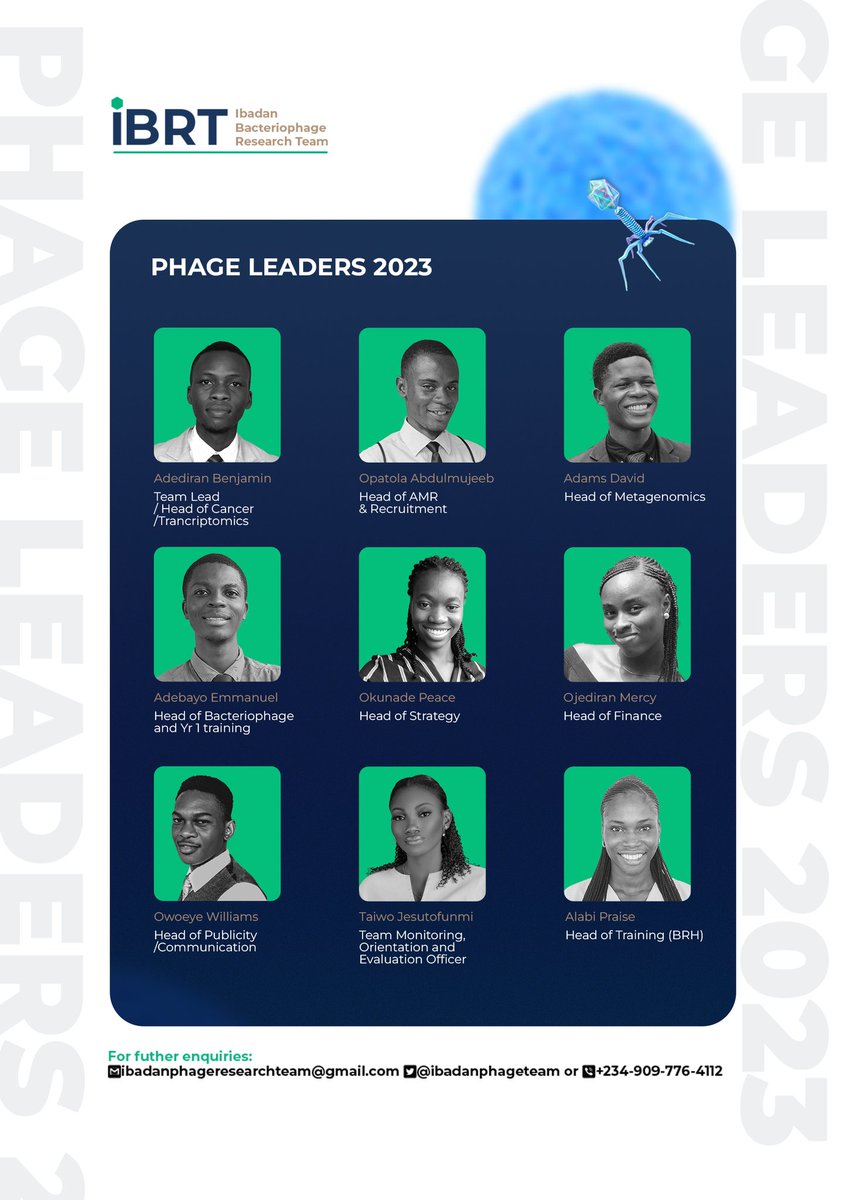 IbadanPhageTeam's tweet photo. Putting faces to the magic we gonna make.
With academic activities in full swing, it's been a little silent here. However, a lot has been happening behind the curtain. Here are the faces of the new phage leaders for Ibadan Bacteriophage Research Team https://t.co/Wj5txywYVQ