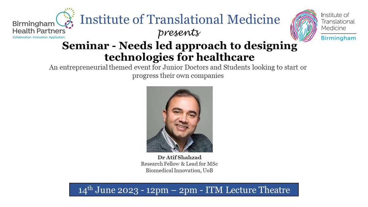 FREE EVENT - all junior doctors and students working across BHP are welcome at this informal event, aimed at helping you to develop, validate and commercialise new medical technologies. No reg required, just come along!

🗓️ Wed 14 June
🕛 12-2pm
📍 ITM Lecture Theatre

#MedTech