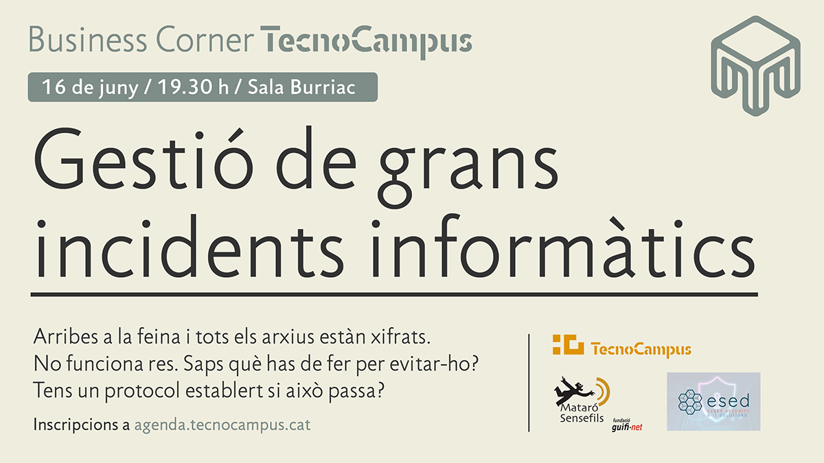 Vine al #BusinessCorner sobre les #tecnologies lliures i xarxes comunitàries🤩

👉En aquesta edició ens centrarem en la #ciberseguretat  i a com fer front i gestionar els problemes derivats d’un #ciberatac🔝

🗓️16 de juny
⏰19:30 h
📍<a href="/TecnoCampus/">TecnoCampus</a>

🔗bit.ly/43GH7GD