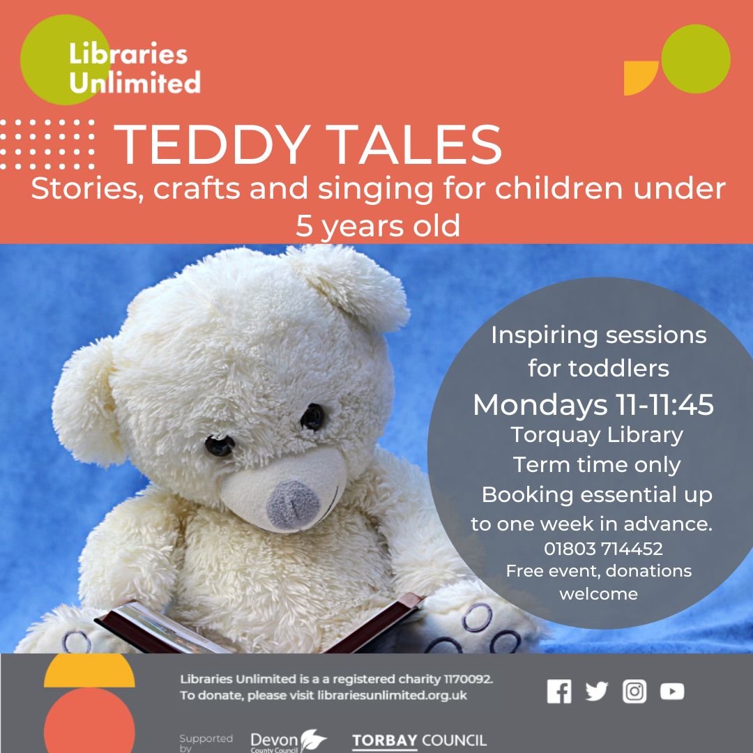 Join us for Teddy Tales on Monday where we'll be reading a book about an anteater and an ant! We'll be making an ant craft, will be singing some rhymes and having lots and lots of bubbles! For under 5s. This is a free event, please book in advance. #lovelibraries #torquay #torbay