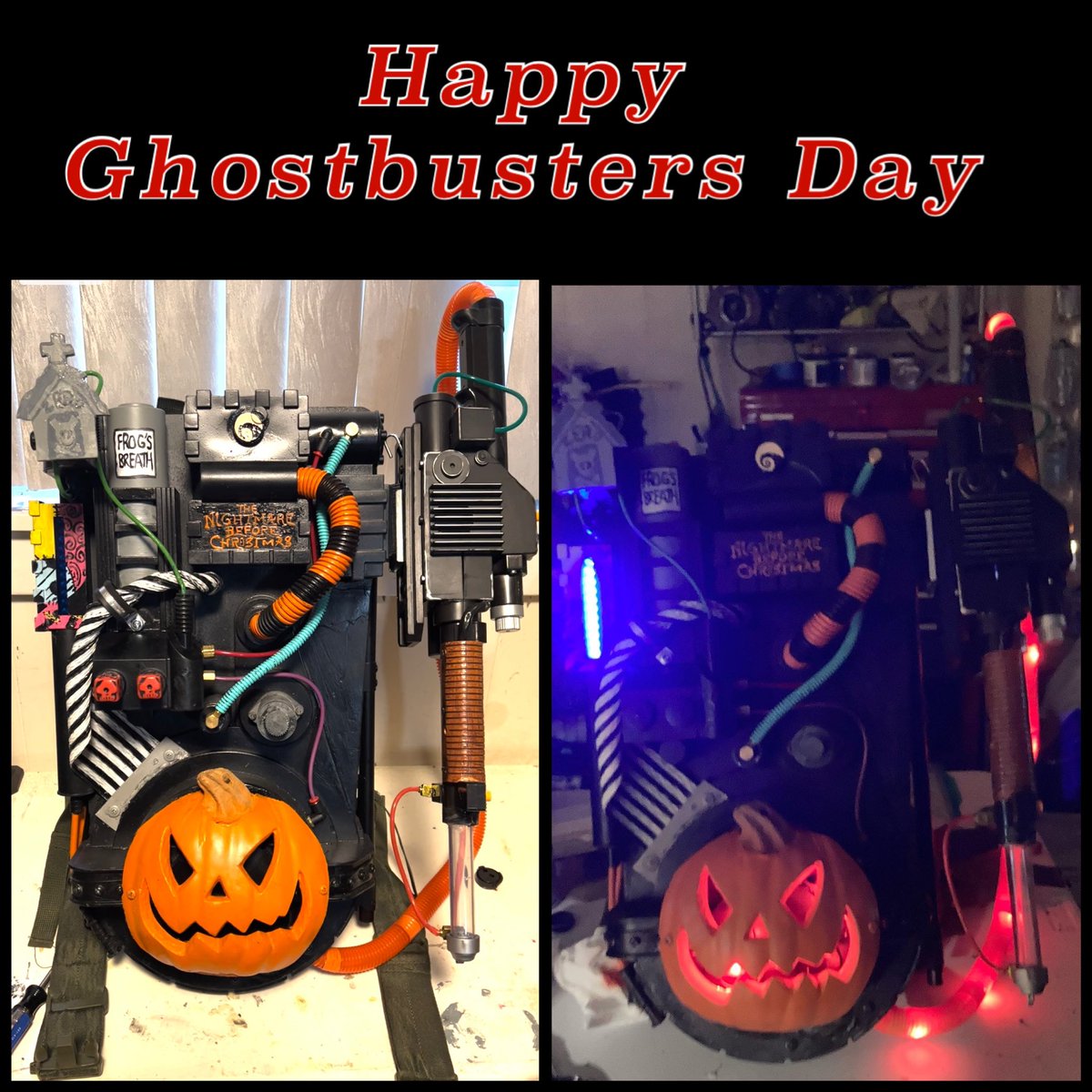 #ghostbustersday  @dan_aykroyd @Ernie_Hudson @JasonReitman @anniepotts  hey everyone happy ghostbusters day

I made it myself . This is my cross over spirit Halloween ghostbusters proton pack of ghostbusters and nightmare before Christmas.