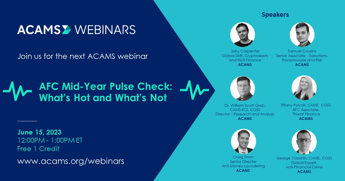 DrGrob_CAMS's tweet photo. Join us for the ACAMS Thought Leadership Mid-Year Webinar on Financial Crime Topics! 
Register Here: https://t.co/yNvkBQ9FUt

Take advantage of this fantastic opportunity to stay ahead of the curve in the fight against financial crime! https://t.co/OiGZdSl95z