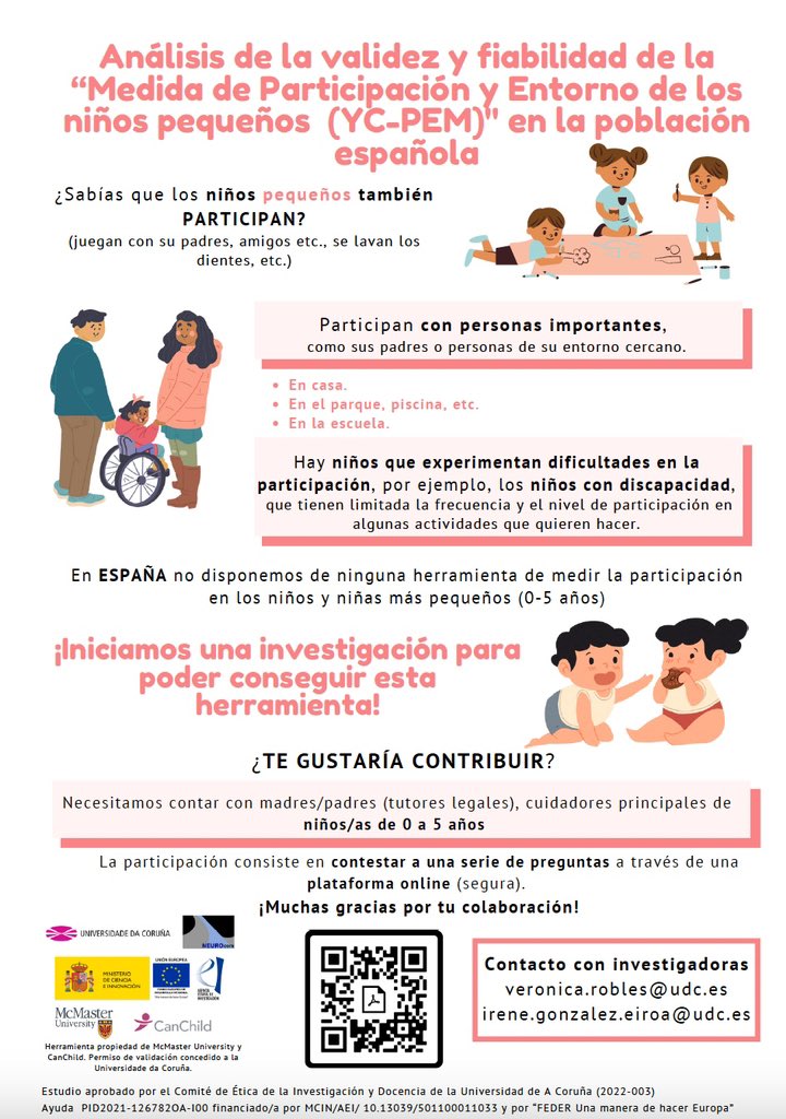 ¿Tienes un 👶🏼👧🏽 entre 0 y 5 años y vives en España🇪🇸?

Queremos poder medir la participación de nuestros 👧🏻👶🏾 en su entorno, a través de la YC-PEM. 

¡Mira este vídeo y aporta tu granito de arena!

youtu.be/pwZJ6Cwli_s

Inscribete aquí para participar:
forms.office.com/r/2Cgpf96wc8