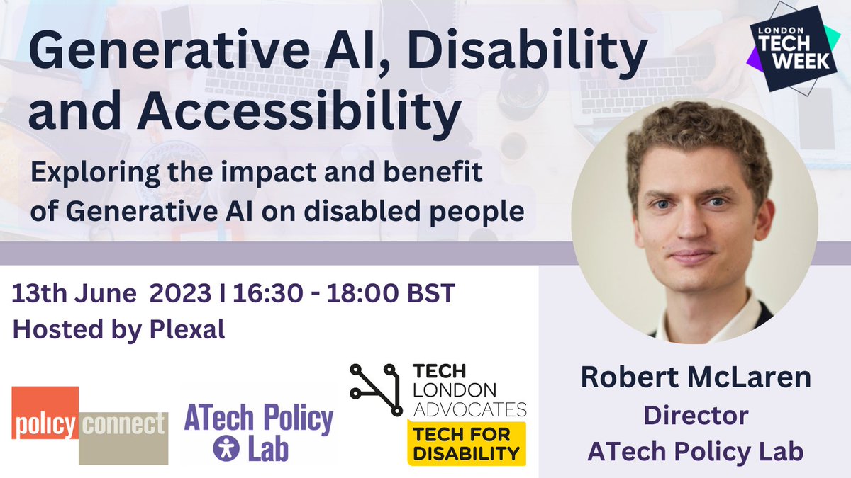 TechForDisability (@tech4disability) on Twitter photo In collaboration with <a href="/ATechPolicyLab/">ATech Policy Lab</a> & <a href="/Tech4Disability/">TechForDisability</a>, <a href="/RobertAJMcLaren/">Robert McLaren</a>
is chairing a roundtable to explore the impact of Generative AI on accessibility. Join us to be a part of this important discussion. tinyurl.com/2nb9jhfk #LTW2023 In collaboration with <a href="/ATechPolicyLab/">ATech Policy Lab</a> & <a href="/Tech4Disability/">TechForDisability</a>, <a href="/RobertAJMcLaren/">Robert McLaren</a>
is chairing a roundtable to explore the impact of Generative AI on accessibility. Join us to be a part of this important discussion. tinyurl.com/2nb9jhfk #LTW2023