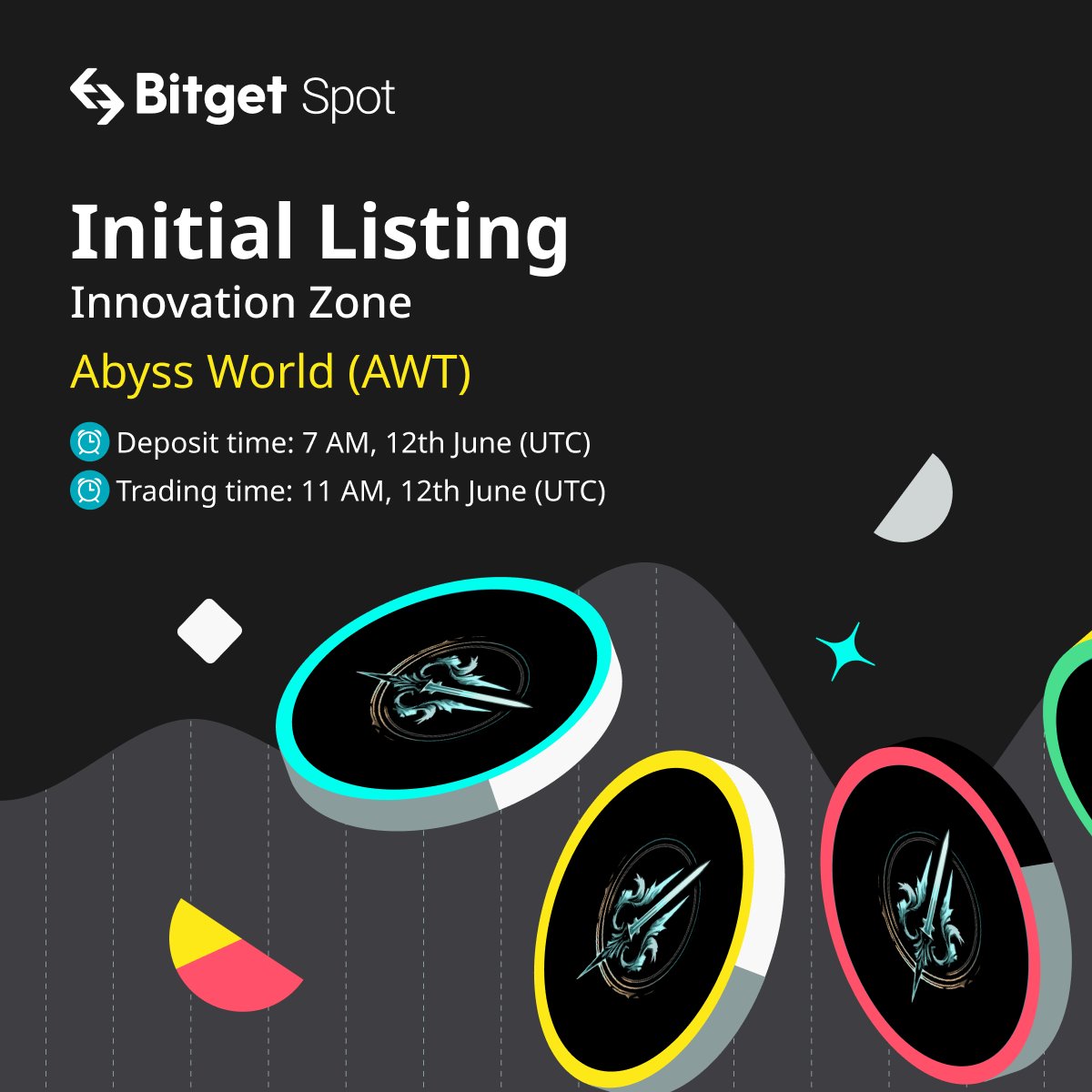 🆕 #Bitget will list $AWT/USDT on June 12! <a href="/AbyssWorldHQ/">AbyssWorld | $AWT - AI Colosseum</a>

🔥 3,750,000 $AWT +10,000 $USDT for you to GRAB!

✅ Deposit: June 12, 7 AM UTC
 
🎁 A total $100 #giveaway for 10 members! RT + TAG 3 friends

Listing Info: bitget.com/en/support/art…

Campaign Info: bitget.com/en/support/art…