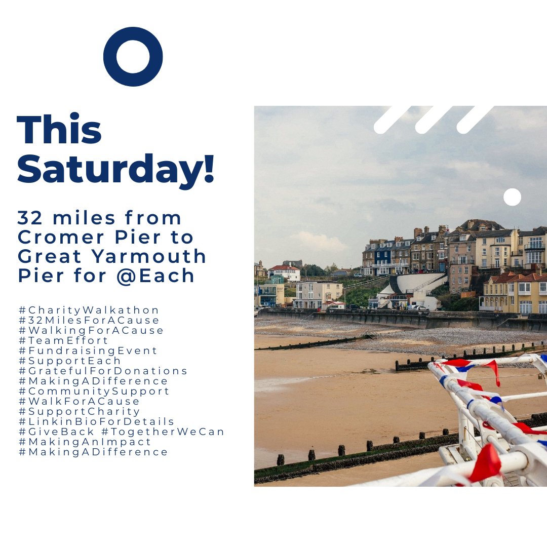 On Saturday the team will be walking 32 miles from Cromer Pier to Great Yarmouth Pier to raise funds for @EACH_hospices 

justgiving.com/fundraising/te…

#CharityWalkathon #32MilesForACause #WalkingForACause #TeamEffort #EACH #MakingADifference #WalkForACause #SupportCharity #GiveBack