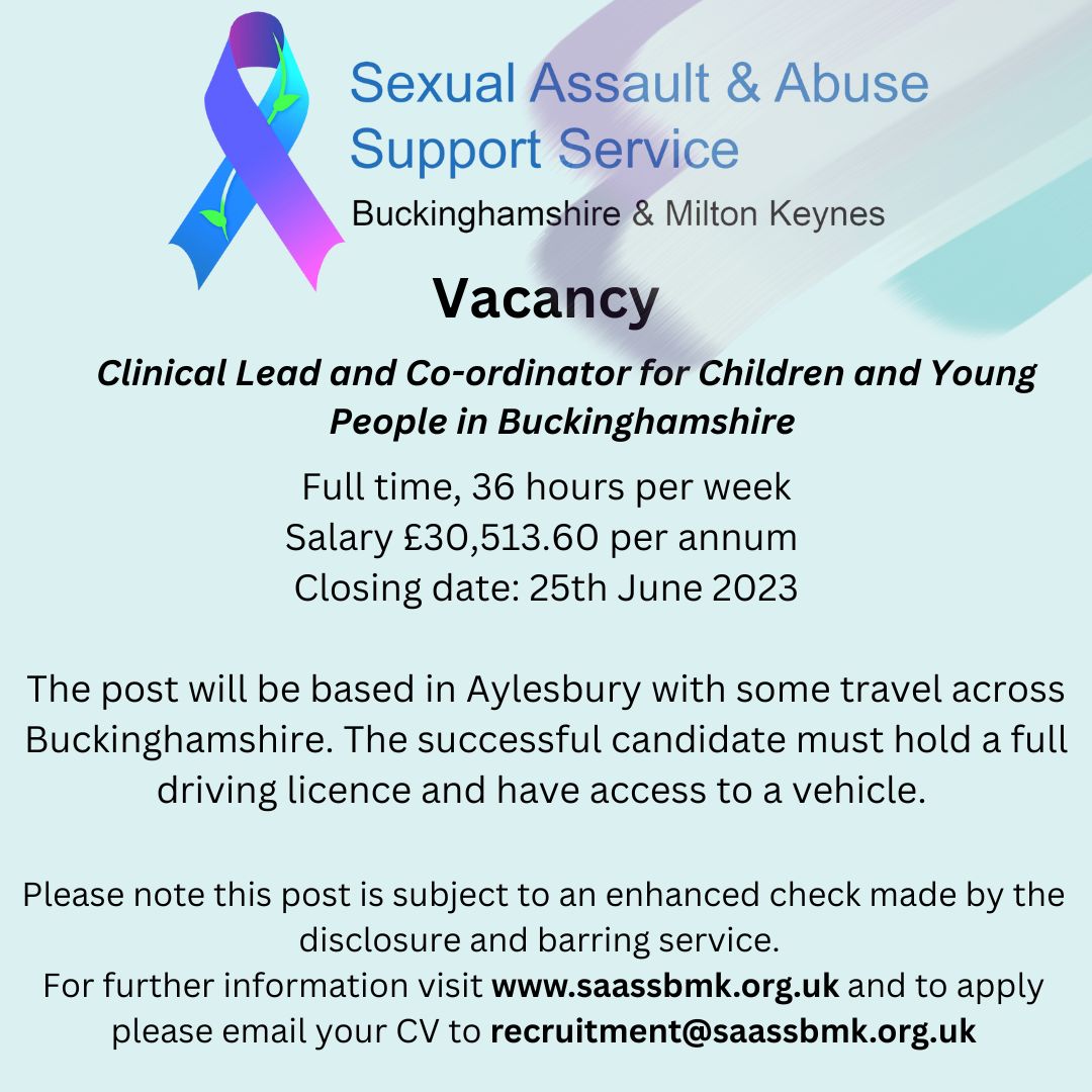 We are hiring 📢 
SAASSBMK are looking for a Clinical Lead and Counselling Co-ordinator for Children and Young People in Buckinghamshire.