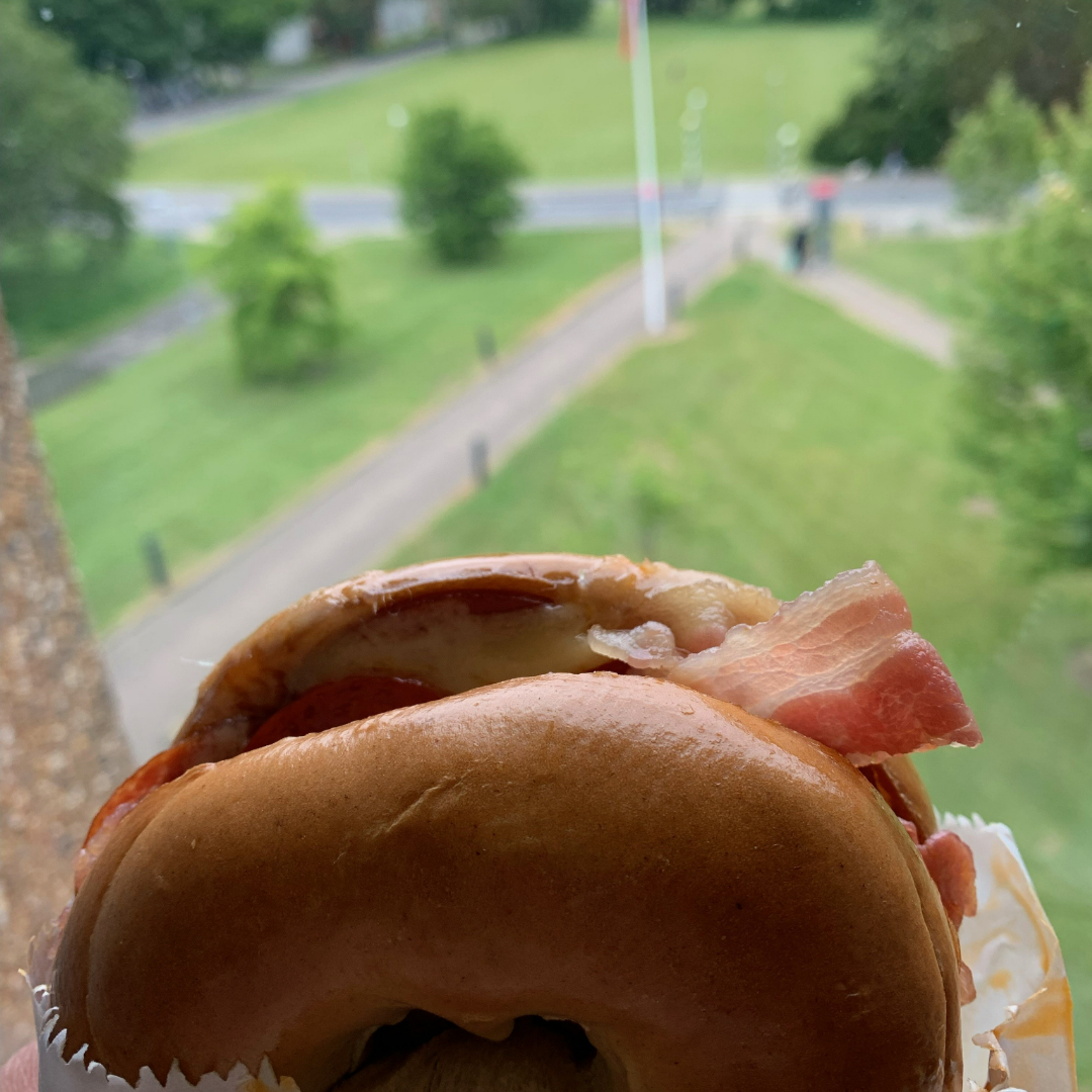 It's #bagel time with <a href="/RUBagelman/">ReadingUni Bagelman</a>!

But do you know which is the most popular bagel filling?
A. The New Yorker (Bacon, pepperoni, salami &amp; cheese)
B. The Boston (Bacon, chicken &amp; cheese)
C. The Mediterranean (Houmous, Roasted Peppers &amp; Cheese)
D. Tuna Melt (Tuna Mayo &amp; Cheese)