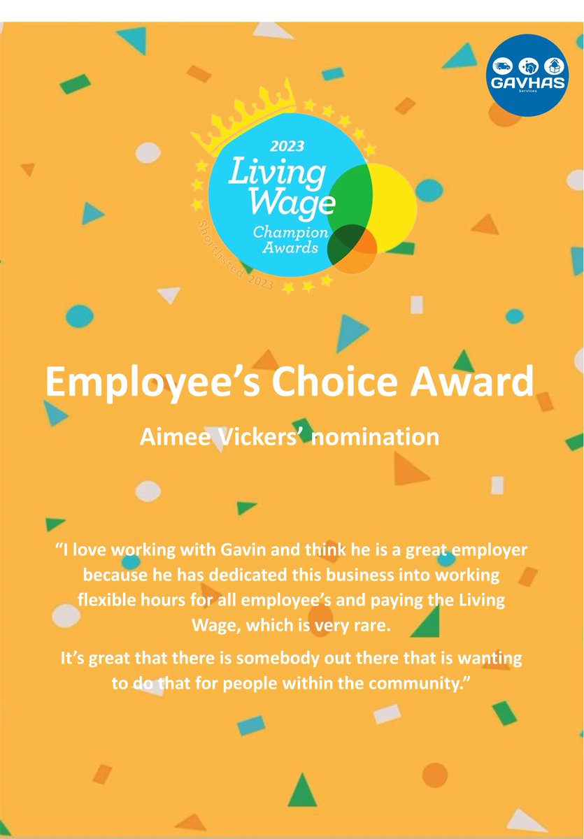 GavHasServices's tweet photo. Our Living Wage Champion Award nomination from the fabulous Key Accounts Manager, Aimee Vickers.

#LivingWageChampionAward #EmployeesChoiceAward #LivingWage #Manchester https://t.co/OqxFlnI3m0