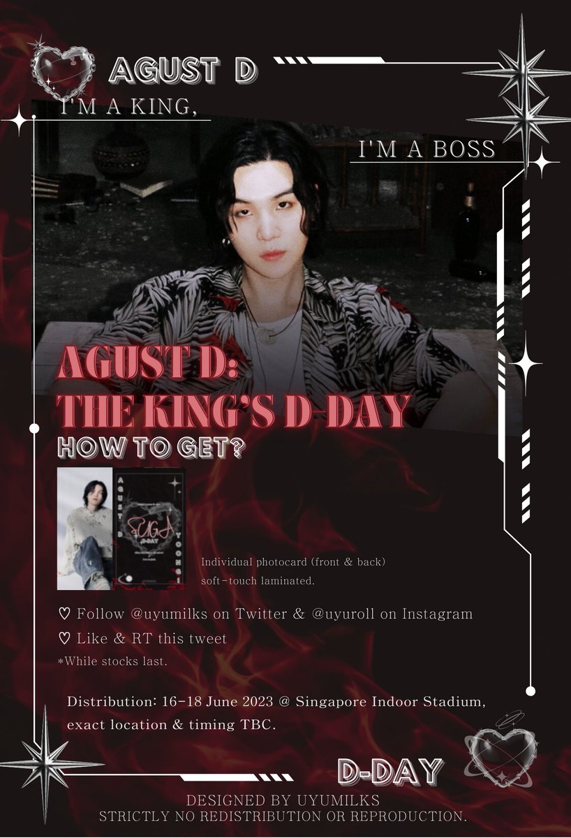 uyumilks's tweet photo. [PLS HELP RT] 🥰🇸🇬
agust d fansupport 

📅Date: 16-18 June
🔗 Pre-order form: https://t.co/fVKNwj0lyW

the last of my bangtan holographic cardstock slogans will be available as well! 

 #AgustD_SUGA_Tour_in_Singapore #SUGA_AgustD_TOUR 
#SUGA #AGUSTD https://t.co/ADG21ZjKjO