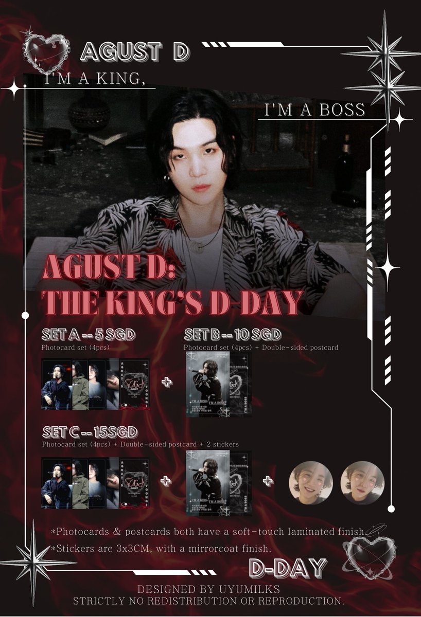 uyumilks's tweet photo. [PLS HELP RT] 🥰🇸🇬
agust d fansupport 

📅Date: 16-18 June
🔗 Pre-order form: https://t.co/fVKNwj0lyW

the last of my bangtan holographic cardstock slogans will be available as well! 

 #AgustD_SUGA_Tour_in_Singapore #SUGA_AgustD_TOUR 
#SUGA #AGUSTD https://t.co/ADG21ZjKjO