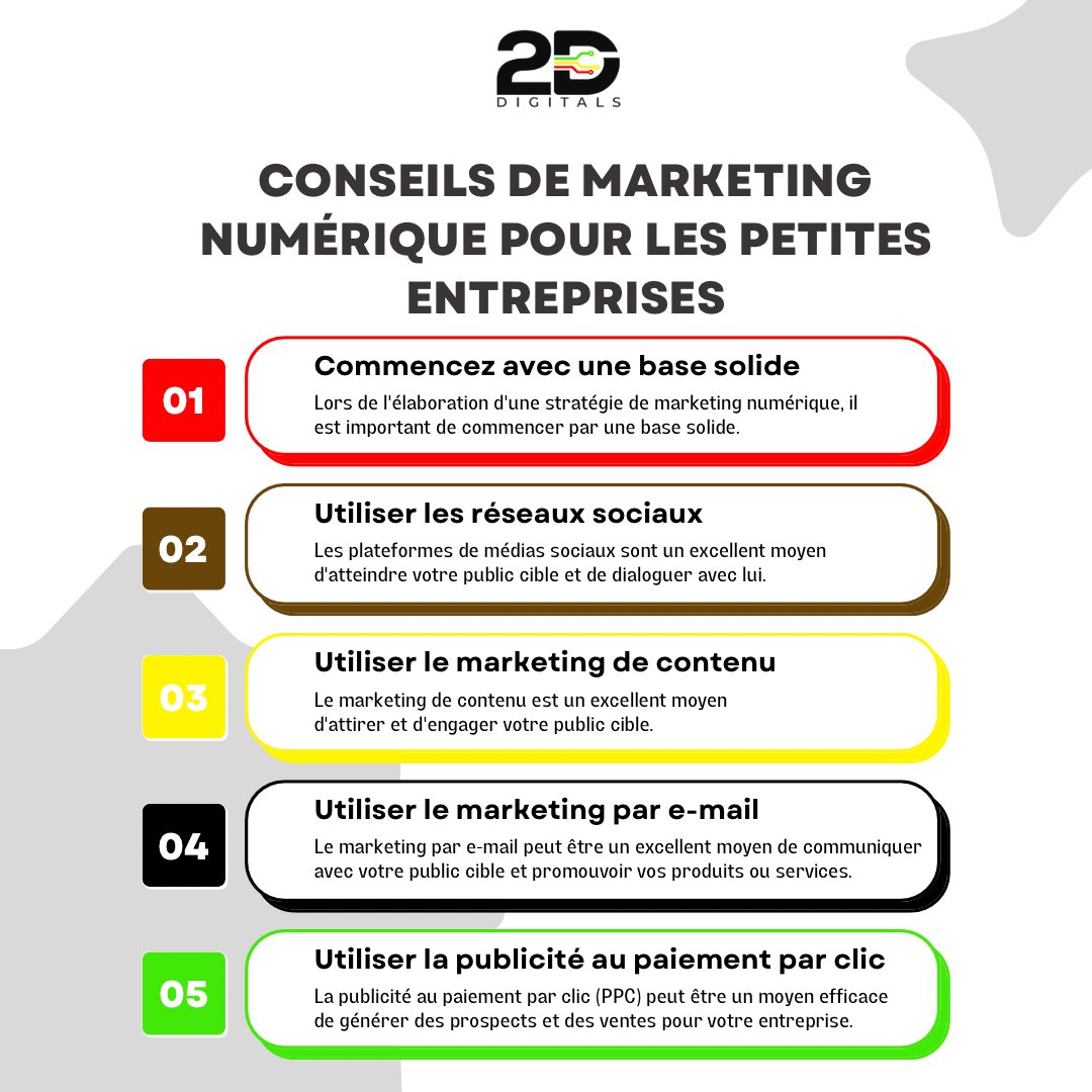 Le marketing est un élément crucial pour toute entreprise qui souhaite réussir dans un marché compétitif. Voici des conseils pour améliorer votre stratégie de marketing 👇🏽

En suivant ces conseils, vous pourrez atteindre vos objectifs commerciaux.
#2ddigitals #MarketingDigital