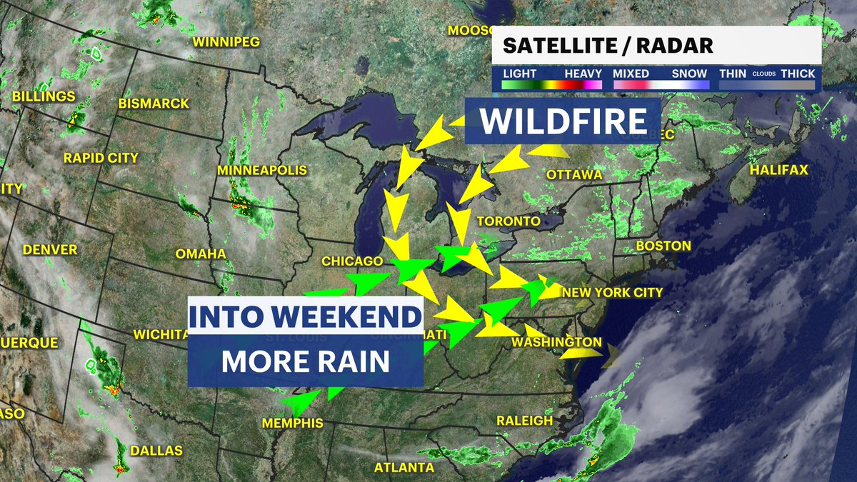 ScottSincoff's tweet photo. SMOKE MOVING OUT: The haze and HORRIBLE air quality coming in from the Canadian wildfires will be slowly moving out as we go toward the weekend...why? Chances of rain pushing in! #NYCwx #NYwx #n12stormwatchers

https://t.co/FWNJpB81wu https://t.co/V6xVjghsIp