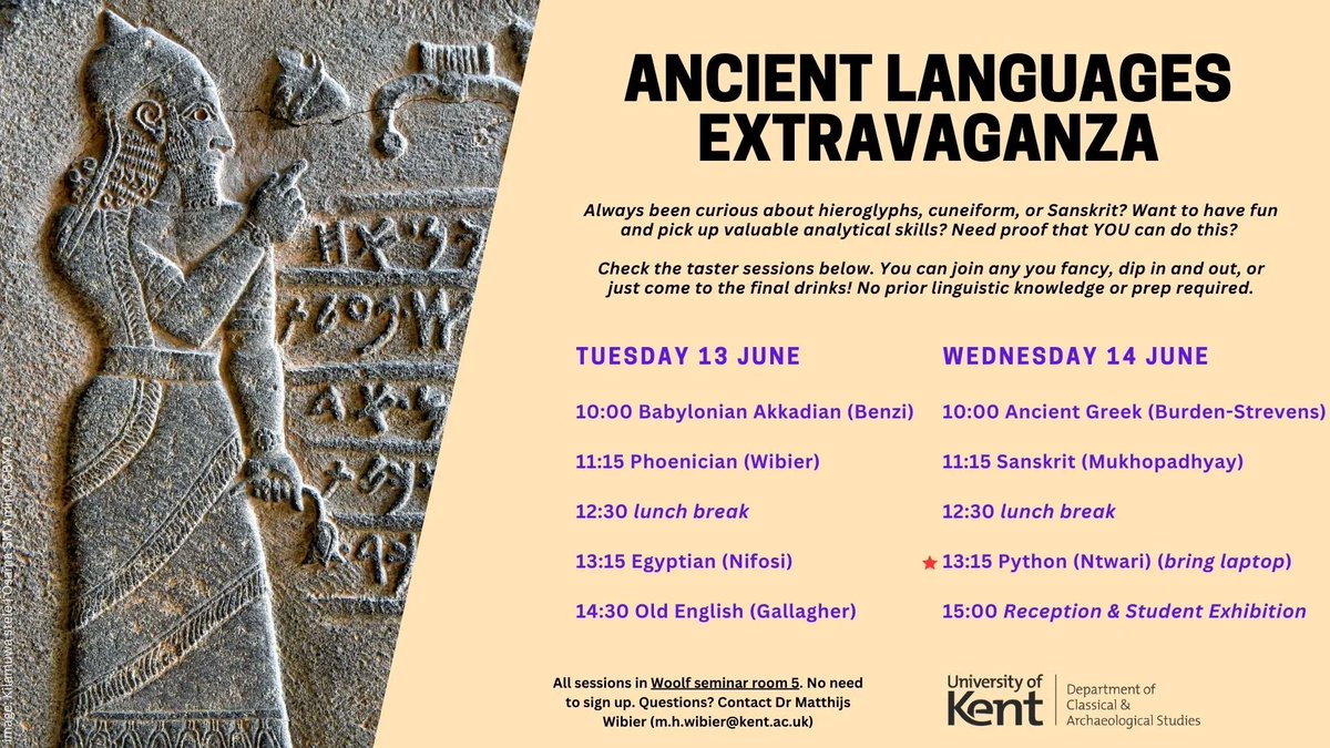 Always been curious about #hieroglyphs, #cuneiform, or #Sanskrit? Our Ancient Languages Extravaganza is next week Tue and Wed. Do pop by for one or several sessions and bring friends &amp; family! No prep or prior knowledge of any language required. 

@ Woolf sr 5, Canterbury Campus