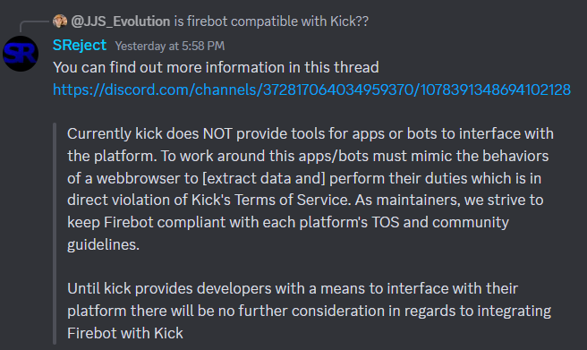 _ThePerry's tweet photo. @PunkNarwhalz @FirebotApp AFAIK Kick doesn't support third party solutions like Firebot or other bots, and from what has been said in the Crowbar Tools Discord there are no plans for supporting Kick at this point due to this. https://t.co/vocoxmXyLj