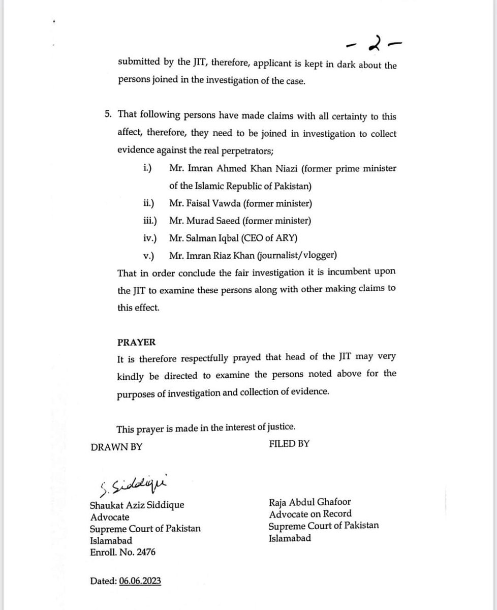 Arshad Sharif's mother has written to the Chief Justice requesting that Murad Saeed, Imran Riaz Khan, Salman Iqbal, Faisal Vawda, Imran Khan be investigated for her son's murder.