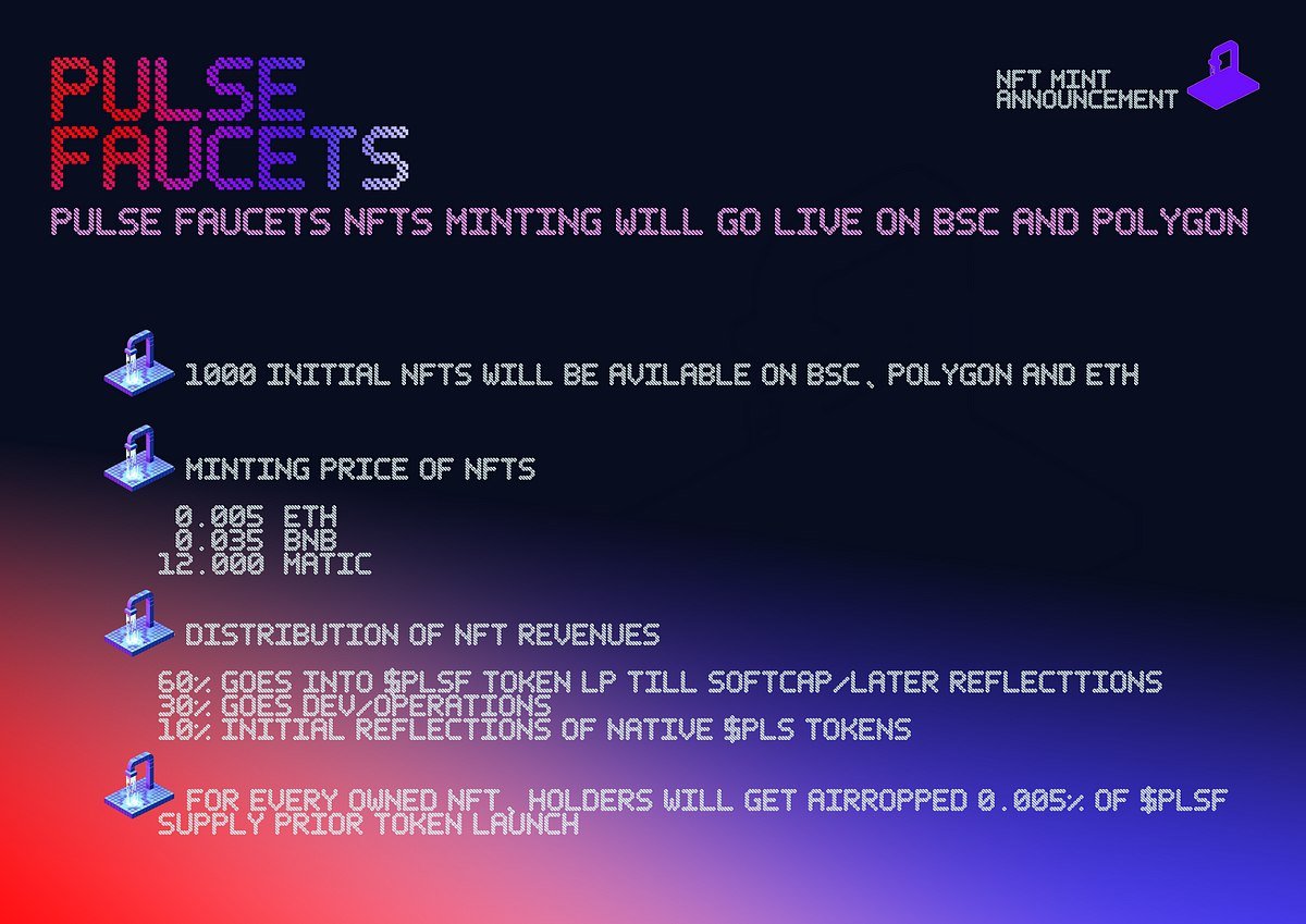 PulseFaucets's tweet photo. Minting of the Pulsefaucet NFTs will start on Polygon and BSC tomorrow. For all information read our short medium article here: https://t.co/I141mpIBEL For the chance on three free Pulsefaucet NFTs, follow @PulseFaucets like, rt and tag #richardheart #pulsechain and two friends. https://t.co/T9ajvHLSEH
