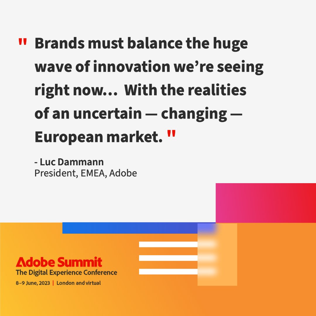 Luc Dammann,  President, EMEA bei Adobe schließt die Keynote mit dieser Quote. Seid  gespannt auf den weiteren Verlauf vom ersten Tag auf dem #AdobeSummitEMEA 💬 

📎 adobe.ly/45ZyAAL