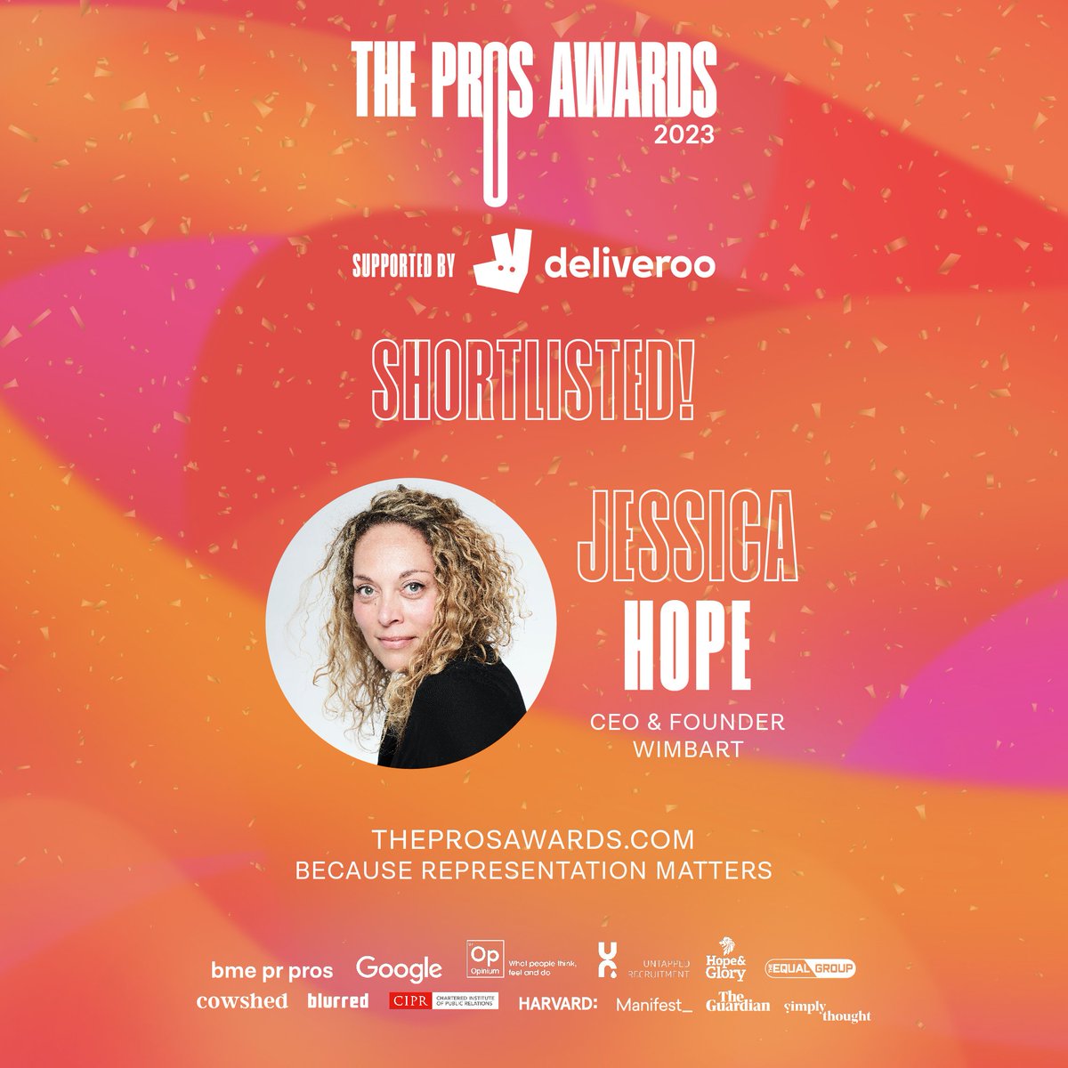 Wimbart's tweet photo. 🎉We have some exciting news! We are incredibly proud to announce that Wimbart has been nominated for ‘Founder of the Year’ for our CEO, Jessica Hope at the Pro Awards!! 🥳 #theprosawards #bmeprpros @bmeprpros https://t.co/yg5Gd2fbUw