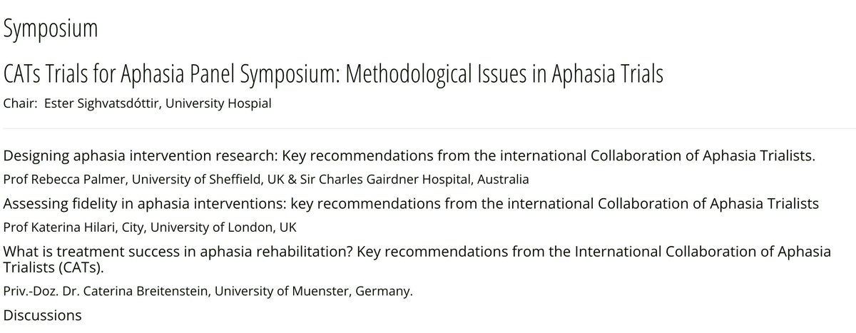 Aphasia Trialists (@cats_aphasia) on Twitter photo On Wednesday 14th June a session of the conference is given to the CATs Trials for Aphasia symposium with speakers Rebecca Palmer, Katerina Hilari and Caterina Breitenstein
<a href="/RPalmerSLT/">Rebecca Palmer</a> <a href="/KaterinaHilari/">Prof Katerina Hilari</a> #CATs10yrs #NAC23 On Wednesday 14th June a session of the conference is given to the CATs Trials for Aphasia symposium with speakers Rebecca Palmer, Katerina Hilari and Caterina Breitenstein
<a href="/RPalmerSLT/">Rebecca Palmer</a> <a href="/KaterinaHilari/">Prof Katerina Hilari</a> #CATs10yrs #NAC23