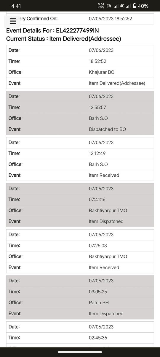 InspectorKundan's tweet photo. It's showing delivered on 07/06/2023 at 18:52 but till now I didn't get it. https://t.co/AdhuHat5ja