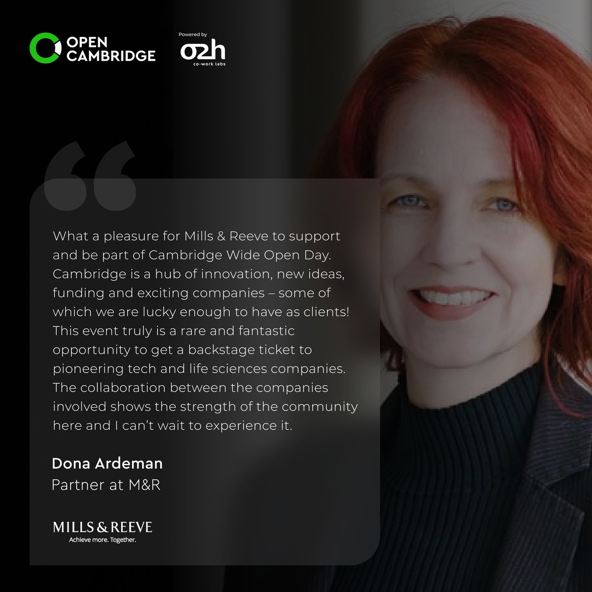 We would like to thank Dona Ardeman and <a href="/MillsandReeve/">Mills & Reeve</a>, lead sponsor of the <a href="/camopenday/">Cambridge Wide Open Day & Tour</a>, for their genuine support!

#opencambridge #explorecambridge #sponsorship #CWOD #sciencepark #cambridgewideopenday #technology #collaborativeinnovation #o2hgroup #seedingnewideas