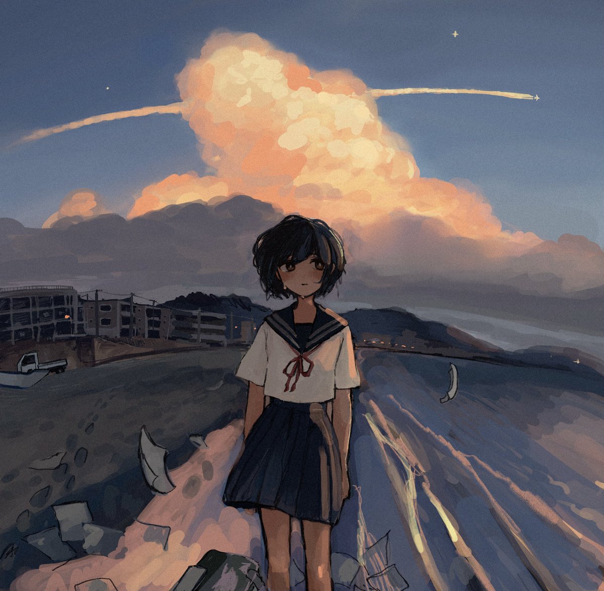 1girl solo skirt outdoors short hair sky cloud  illustration images