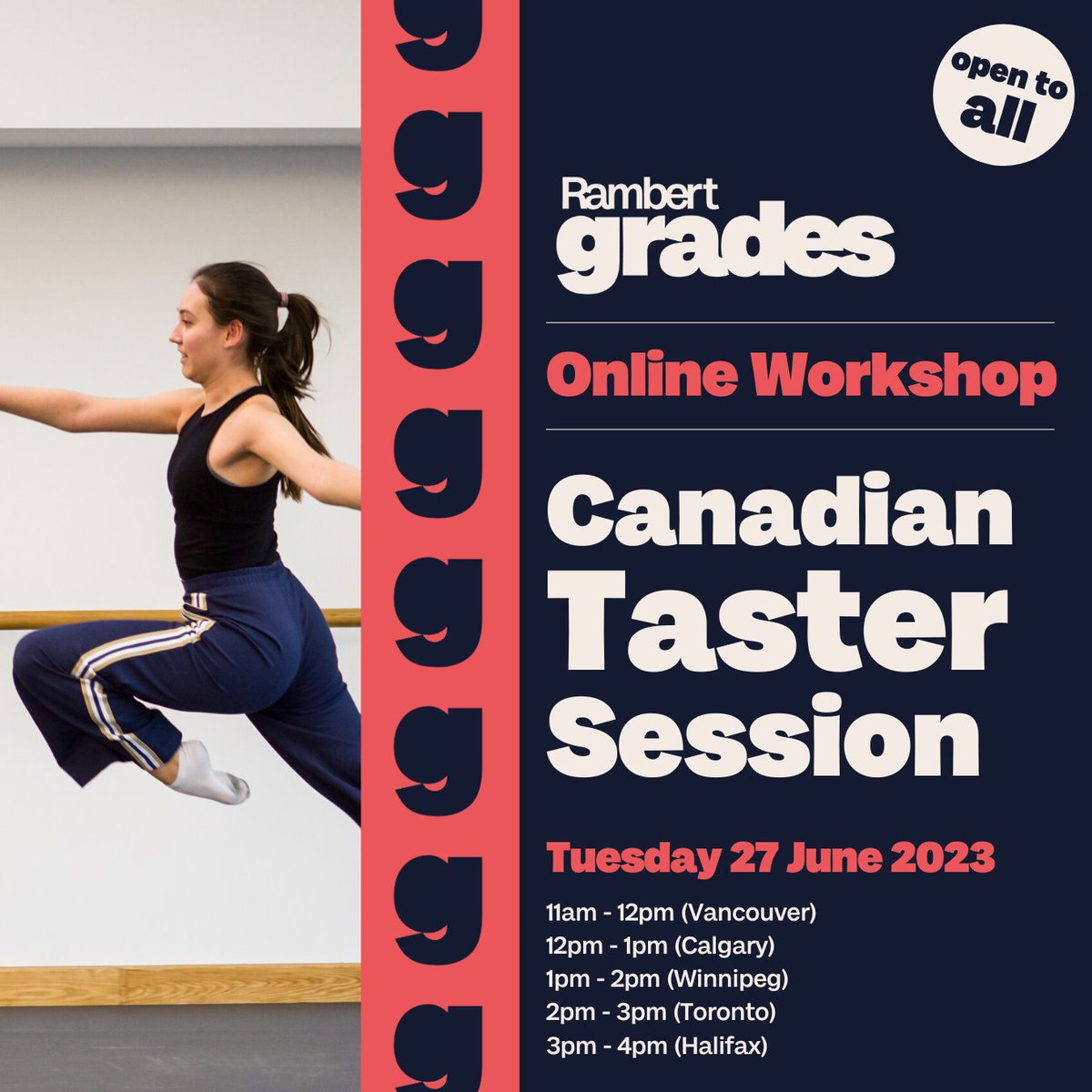 CANADA 🇨🇦  We are hosting a free Online Taster Session, just for you.

Dance teachers and practitioners are invited join us online on Tues 27 June to learn about our syllabi, ethos and examinations.

Learn more and register: rambertgrades.com/whats-on/taste…