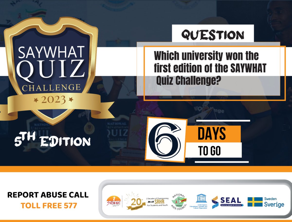 SAYWHATOrg's tweet photo. How well do you know the SAYWHAT Quiz Challenge? 

Qn: Which university won the first edition of the SAYWHAT QUIZ Challenge?

Clue: The college brags for being The Innovation &amp; Technopreneurial University.
#SQChallenge 
@SwedeninZW @UNESCO https://t.co/N1AUSxCscd