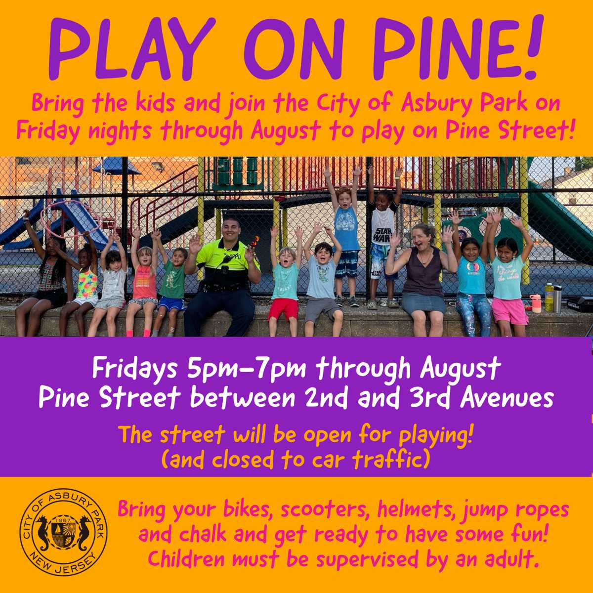 inAsburyParkNJ's tweet photo. Join the City of Asbury Park on Friday nights through August to play on Pine Street! Pine Street between 2nd and 3rd Avenue will be open for playing (and closed to car traffic) from 5-7pm. Bring your bikes, scooters, helmets, chalk and jump ropes and get ready to have some fun! https://t.co/LtJCnc8rjE