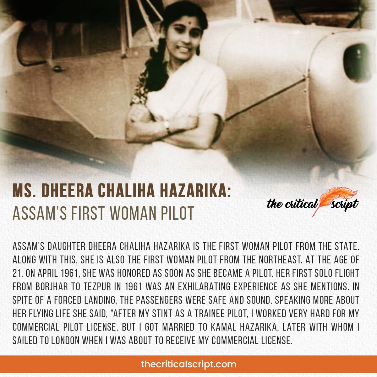 ScriptCritical's tweet image. Assam's daughter Dheera Chaliha Hazarika is the first woman pilot from the state. Along with this, she is also the first woman pilot from the Northeast.

#firstpilot #FemalePilot #Women #Empowerment