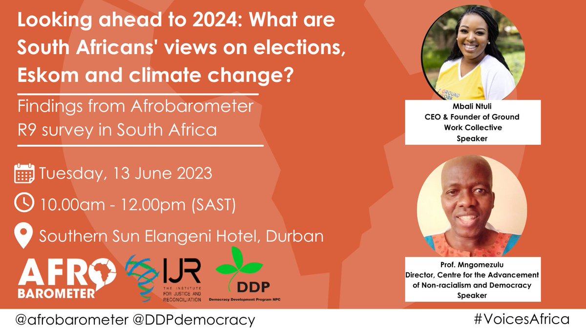 Mbali Ntuli and Prof. Bheki Mngomezulu will offer commentary on the Afrobarometer findings, dissecting the state of South Africa's democracy as the country looks ahead to the 2024 elections. 

To join the conversation, RSVP here: bit.ly/3oNMkh8

#VoicesAfrica…