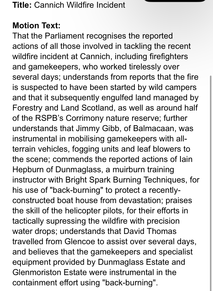 I’ve lodged a Motion in the @ScotParl to commend the heroic actions of firefighters and gamekeepers who fought the Cannich fire. The Motion honours the actions of particular  individuals like Jimmy Gibb, Iain Hepburn and David Thomas. Your MSP can support this motion now.