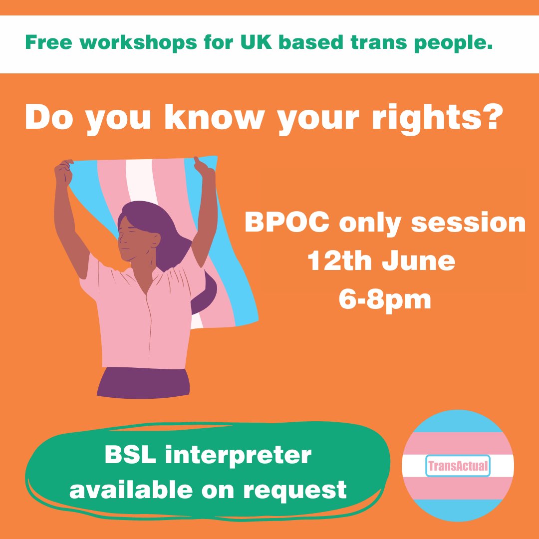 Want to know more about your rights?

Our BPOC specific session will be hosted online 12th June.

Sign up now to save your space: form.typeform.com/to/tKT3ujPB?ty…

#TransHealth #Transgender