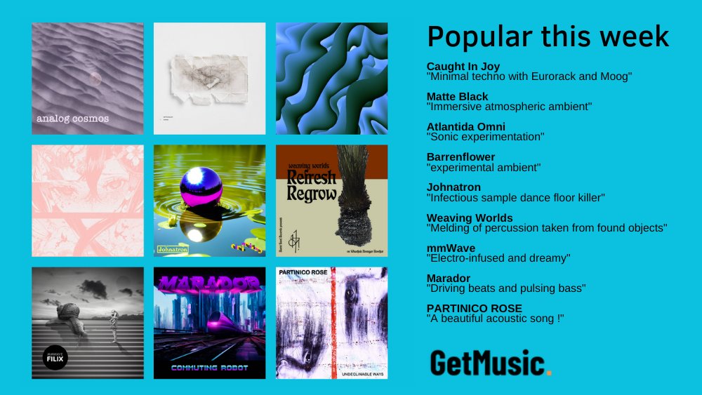 Popular this week

#newwave #electronic #moog #postpunk #postmetal #ambient #heavypsych #postgrunge #idm #ambientelectronic #experimental #drumnbass #breaks #glitch #synthwave #house #nudisco #braindance #alternative #rtitbot #bandcampcodes #music 

buff.ly/3LC3CpO