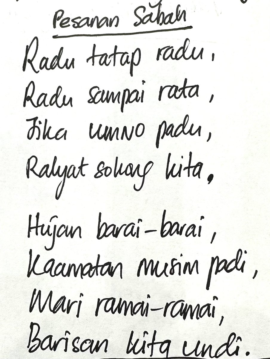 6 rangkap #pantun,
Ciptaan sendiri,
Tulisan tangan sendiri.

Dibacakan ketika berucap ringkas di #PAU2023, Perhimpunan Agung #Wanita #UMNO #Malaysia pada 8/6/23 di #DewanMerdeka #WTCKL