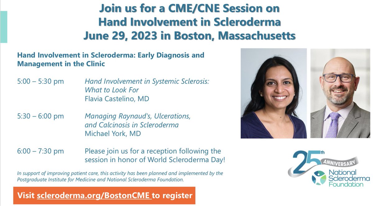 If you are a HCP in the Boston area, join us for a free CME/CNE session on Hand Involvement in Scleroderma with @drcastelino and Dr. York June 29! RSVP now at scleroderma.org/BostonCME.