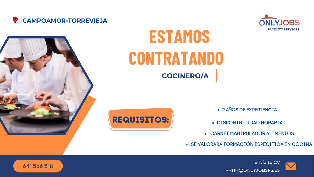 OFRECEMOS:

- CONTRATO DE CAMPAÑA DE VERANO (POSIBILIDAD DE ALOJAMIENTO)

- JORNADA COMPLETA

FUNCIONES:

- PREPARACIÓN Y PRODUCCIÓN DE LA PARTIDA FRÍO Y CALIENTE

- CUMPLIR CON LOS PROTOCOLOS DE CALIDAD Y CONSERVACIÓN DE LOS PRODUCTOS