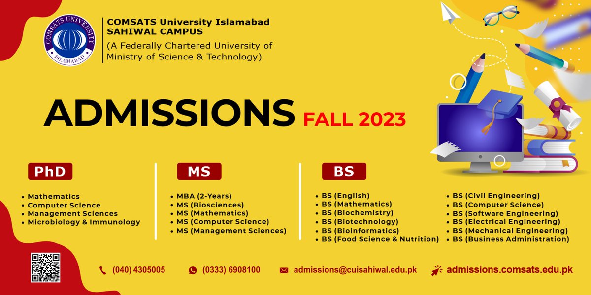 ComsatsSahiwal's tweet photo. ✅ ADMISSIONS FALL 2023 - OPEN NOW ✅
BS | MS | PhD Programs
Apply online at: https://t.co/VKEnVY2Z2M
For more information: (040) 4305005 or (0333) 6908100
#ComsatsUniversity #Sahiwal #cuisahiwal #joincomsats #COMSATS #ComsatsUniversity #admissionsfall2023 #fall2023 https://t.co/2N8Vj98GgN