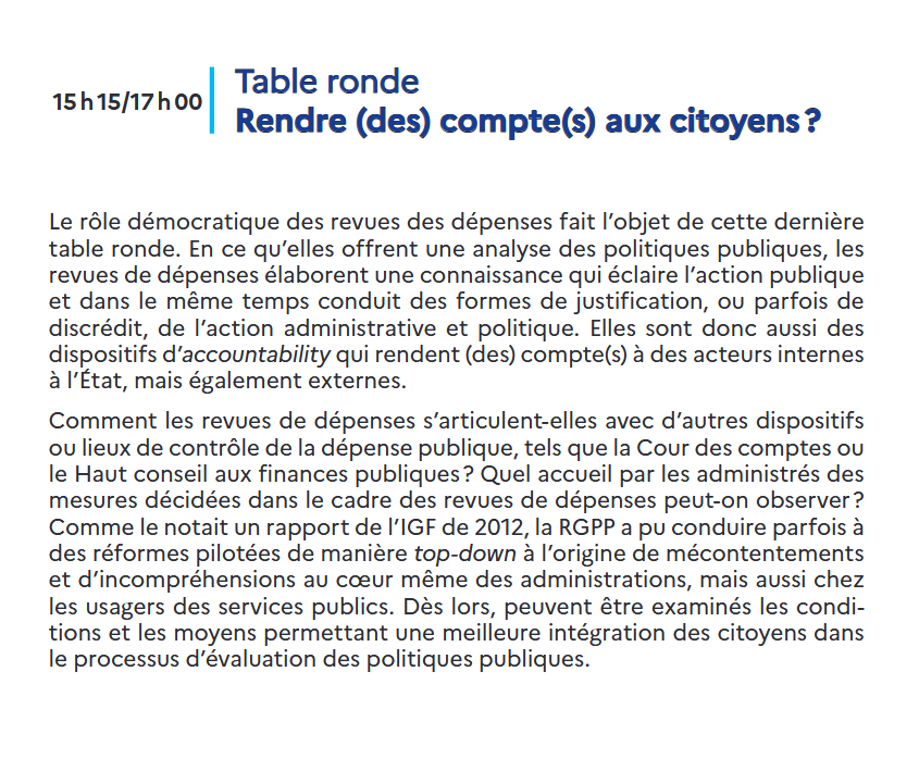La troisième et dernière table ronde, 

🙋‍♂️"Rendre (des) compte(s) aux citoyens ?" 🙋‍♀️

fera intervenir Michel Le Clainche, Catherine Sueur <a href="/IGF_finances/">Inspection générale des finances</a>, Camille Andrieu <a href="/camandrieu/">Camille Andrieu</a>  <a href="/Courdescomptes/">Cour des comptes</a> et Juan Pablo Guerrero <a href="/jpga63/">Juan Pablo Guerrero</a> <a href="/FiscalTrans/">GIFT - Global Initiative for Fiscal Transparency</a> 

#RIGP2023