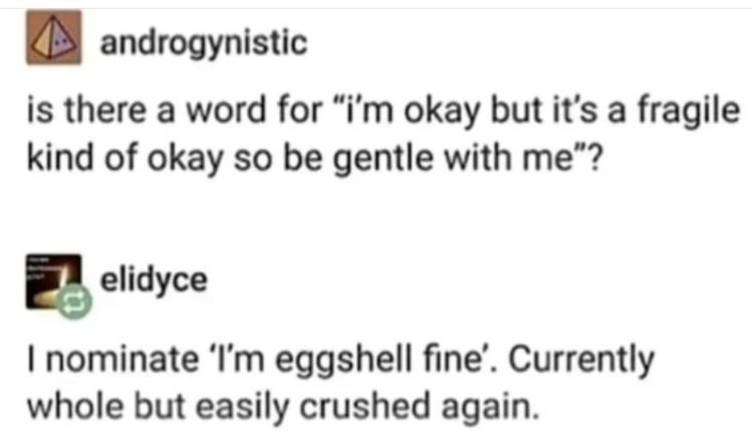 "I am eggshell fine." 미묘하면서도 재미있는 표현인듯