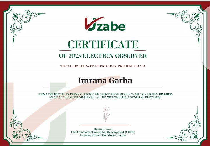 imrana_garba's tweet photo. I am indeed grateful to @Connected_dev given to me to participate as observer during 2023 election earlier held across the country.
During the observation a soft ware platform called #UZABE was used for reporting of happening at polling unit. https://t.co/hk8VYxKqDV