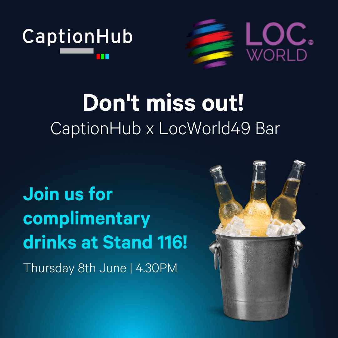 CaptionHub (@captionhubhq) on Twitter photo The 2nd day of <a href="/LocWorld/">Localization World</a> is officially under way!
Don't forget we have our CaptionHub bar running again today from 4.30PM at Stand 116. If you missed out on getting a cold refreshment yesterday, today is your chance to stop by! Grab a drink and chat to our team🍺
#LocWorld49 The 2nd day of <a href="/LocWorld/">Localization World</a> is officially under way!
Don't forget we have our CaptionHub bar running again today from 4.30PM at Stand 116. If you missed out on getting a cold refreshment yesterday, today is your chance to stop by! Grab a drink and chat to our team🍺
#LocWorld49