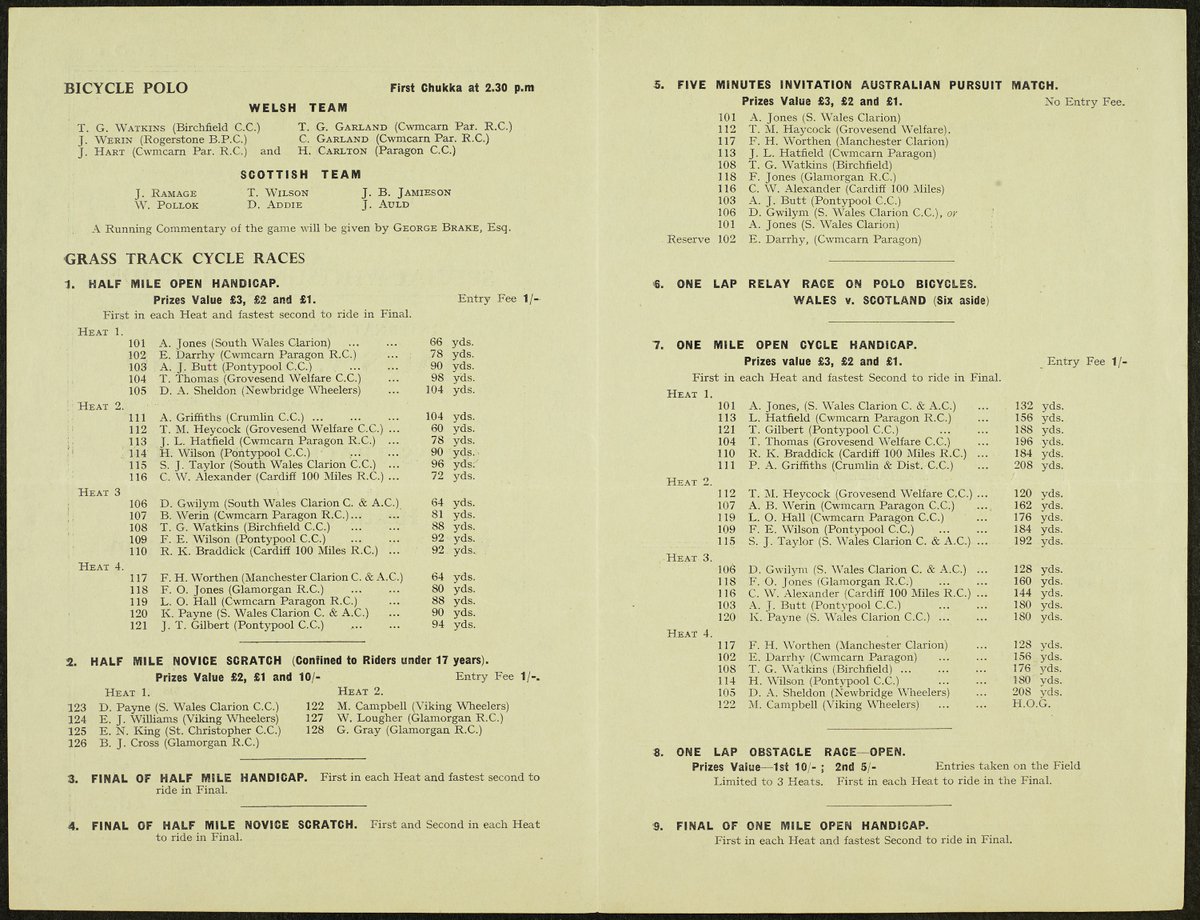GlamArchives's tweet photo. Mae’n Wythnos y #Beic!
Ar 10 Mehefin 1946 Parc y #MynyddBychan #Caerdydd oedd y lleoliad ar gyfer Polo Beic Rhyngwladol rhwng Cymru a’r Alban, a chyfres o rasys beic trac gwair. Mae’r rhaglen yma yn rhestri pob digwyddiad ar ddiwrnod prysur dros ben! https://t.co/o78AZO7K8F