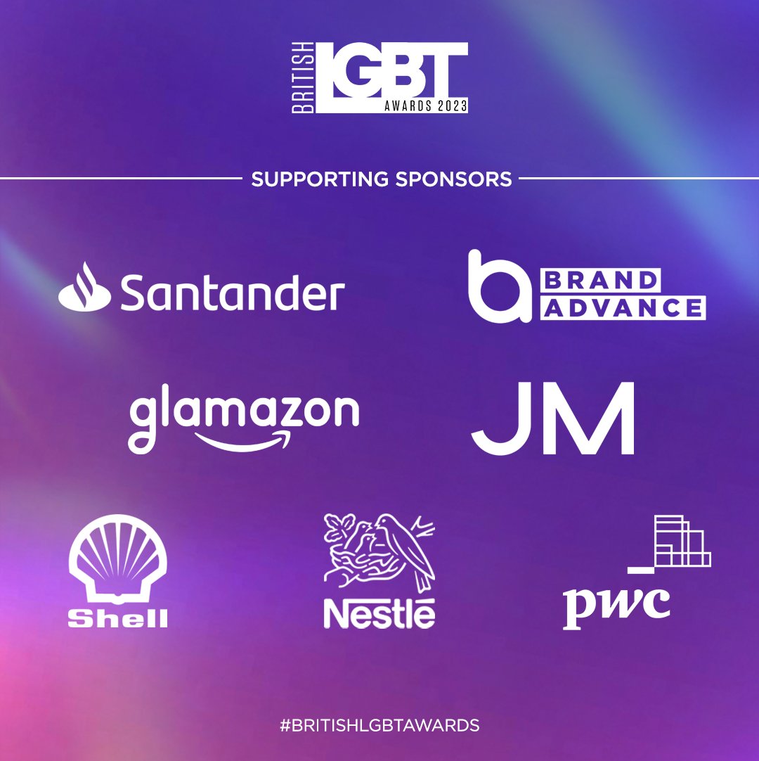 We'd like to say a big thank you to our 2023 supporting sponsors who are helping make this year’s #BritishLGBTAwards possible 🏆🏳️‍🌈 

@santanderuk
@BA_Group_ 
glamazon
@Johnson_Matthey
@Shell 
@NestleUKI
@PwC