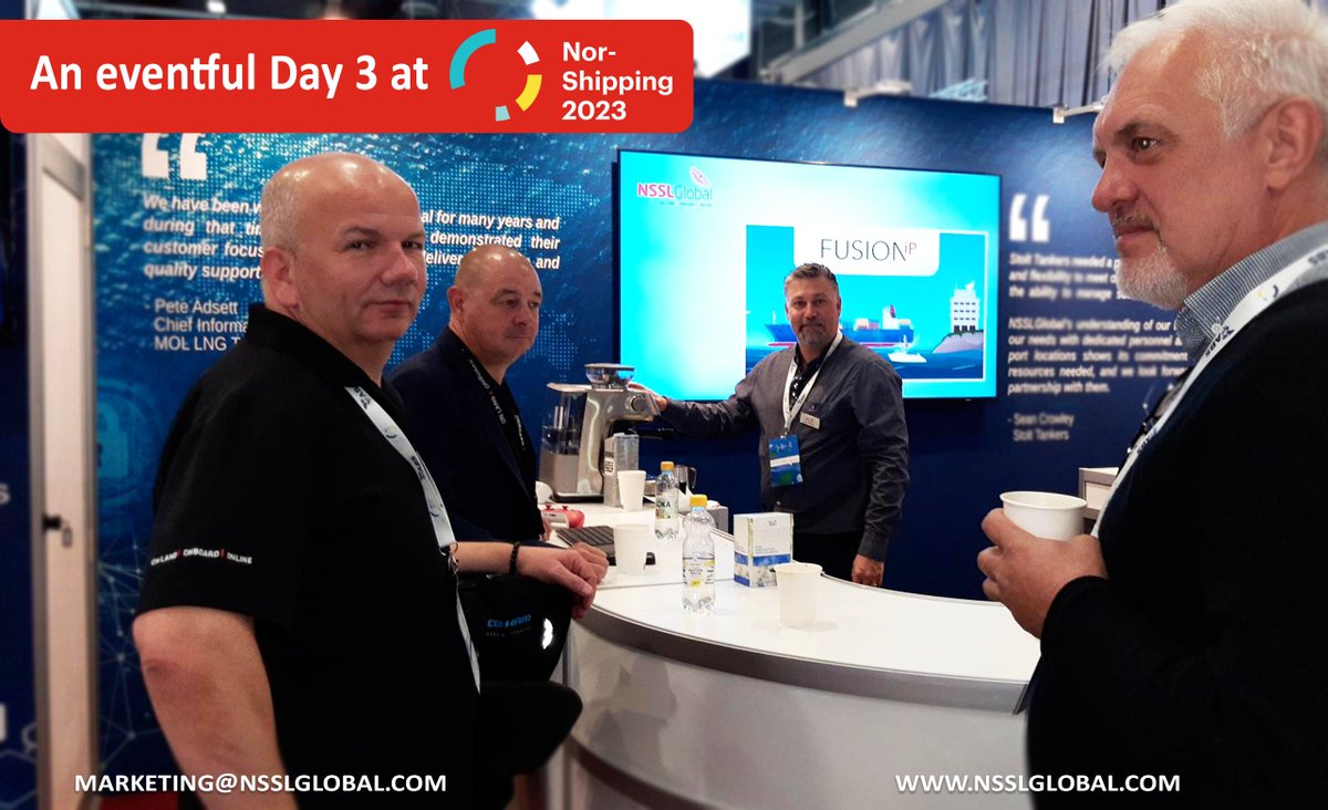 Another beautiful day in Oslo and the early morning, long snaking line of exhibitors and visitors to #Norshipping is impressive. Old friends have joined us to catch up and sample Kristian Ryberg's excellent barista skills! Why not join us? Visit stand B04-16! #maritime #navcoms